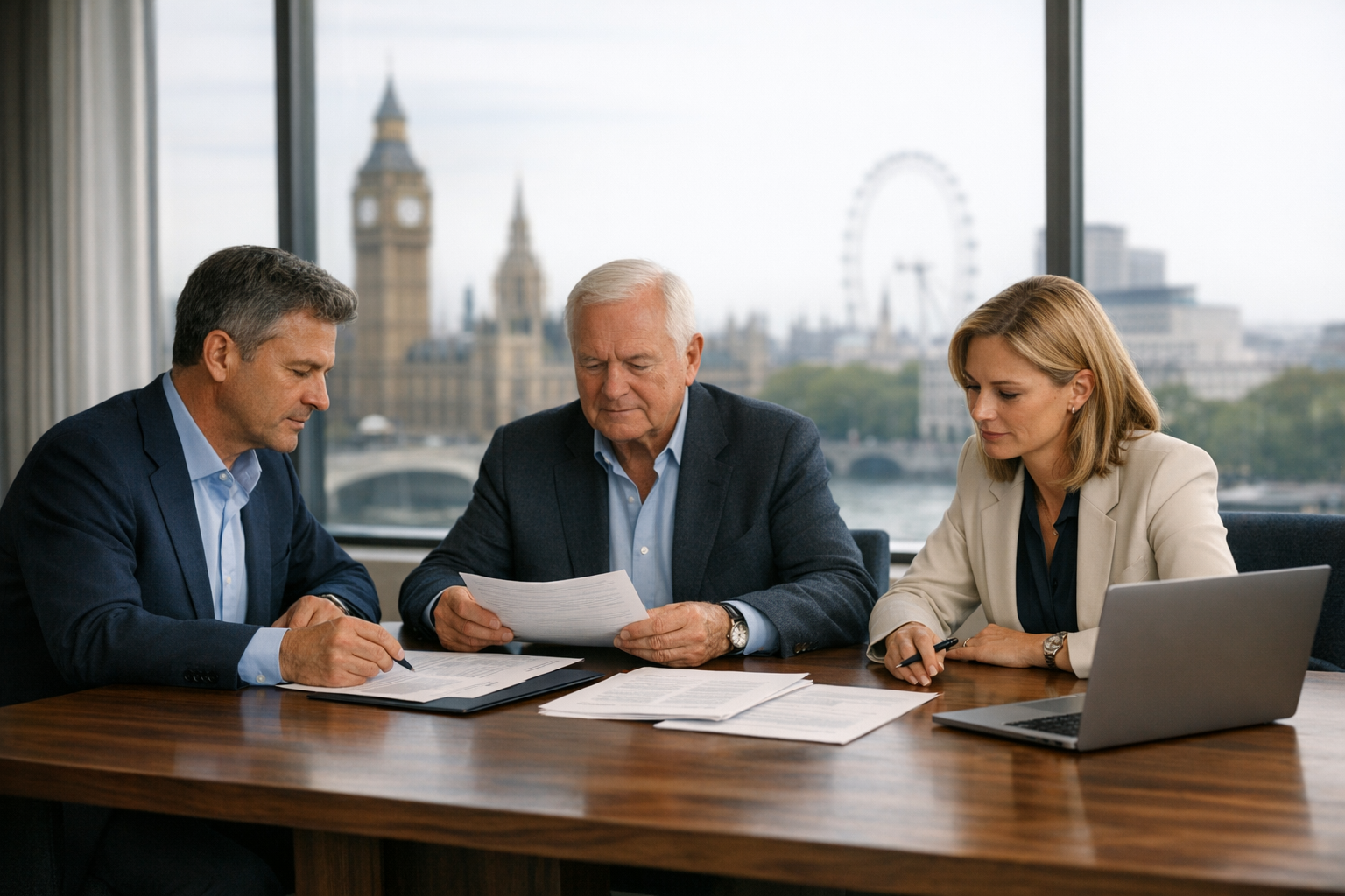 Senior advisers reviewing documents in a London meeting room with Thames view