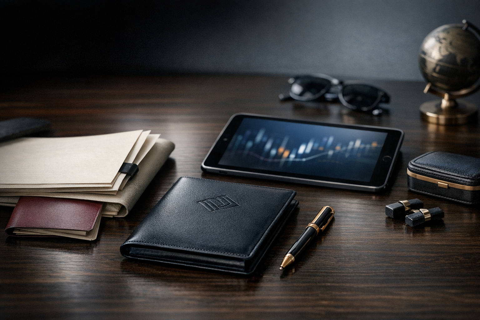 Cross-border transaction still life with documents, tablet and passport
