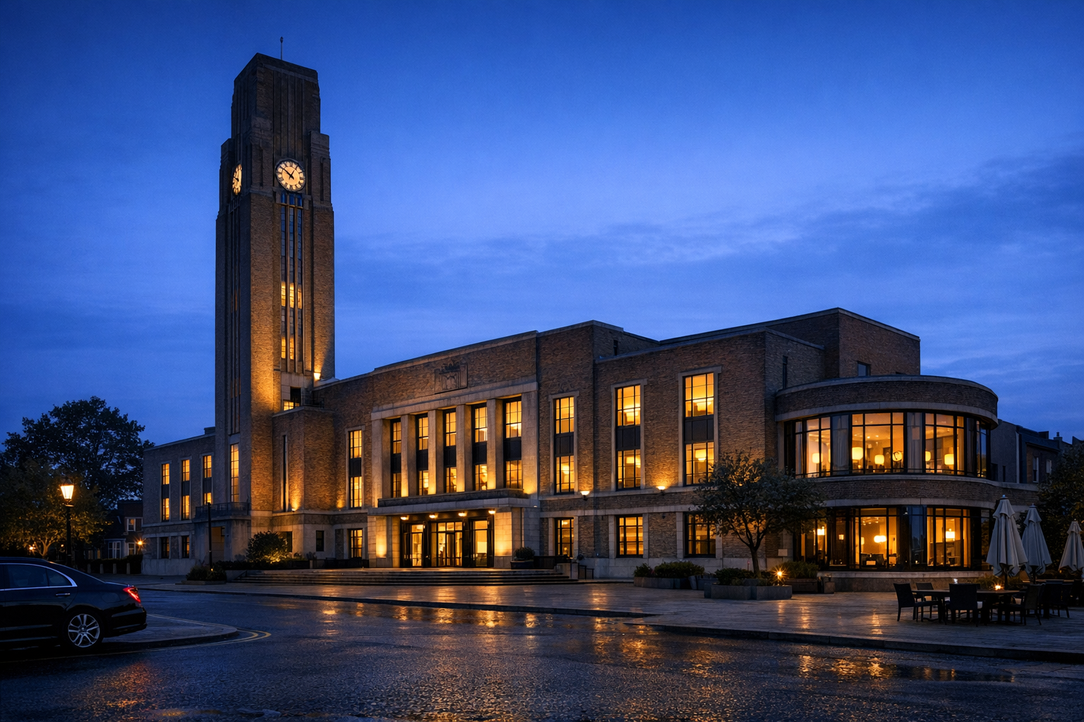Hornsey Town Hall exterior at blue hour — Sato Elite London office