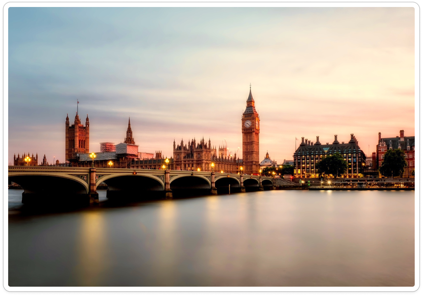 Westminster Bridge and Houses of Parliament at golden hour, London