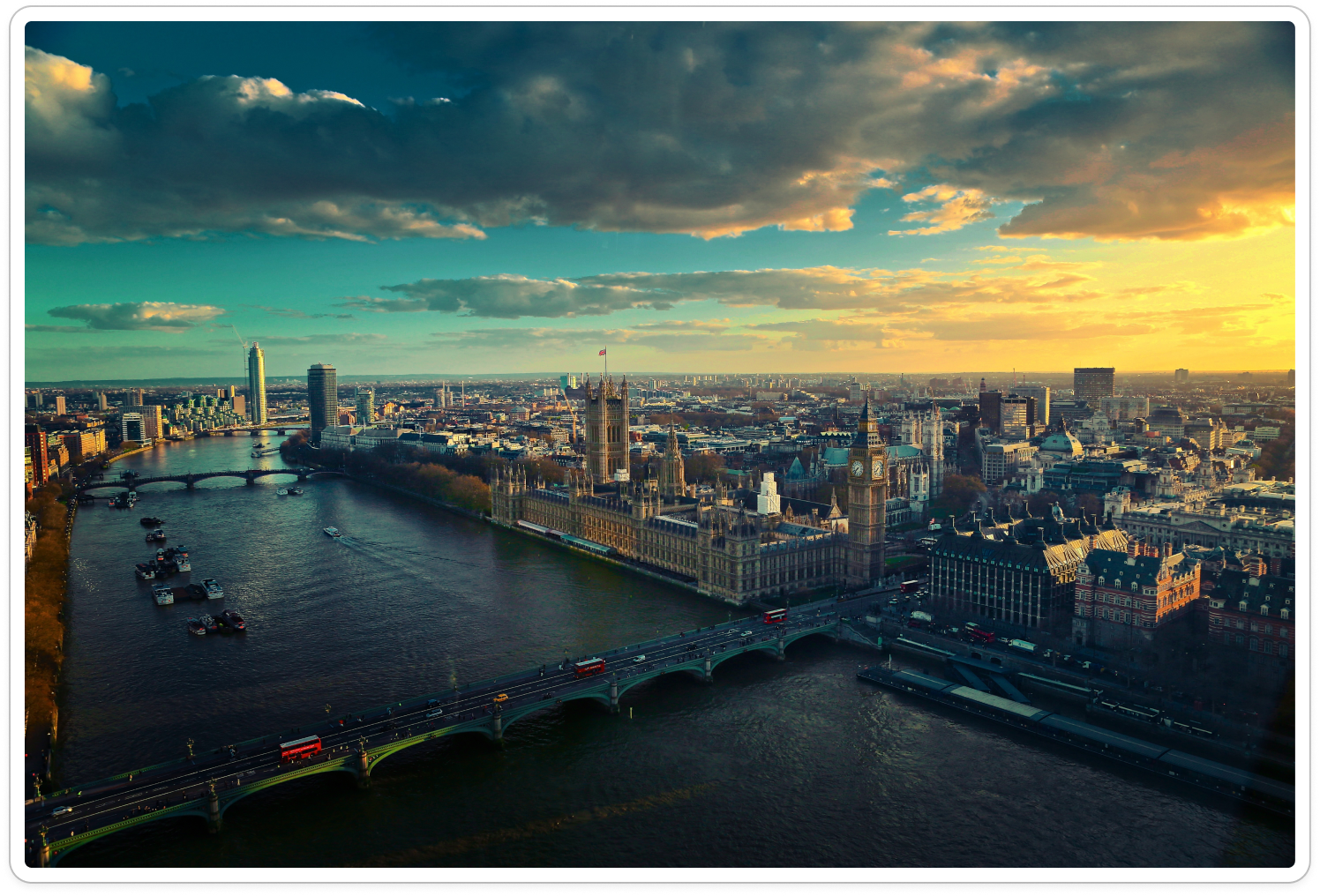 Aerial panoramic view of London at golden hour